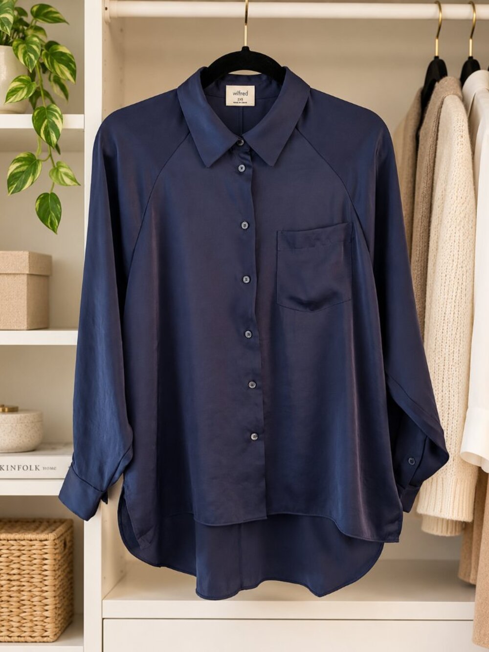 Wilfred 2XS Navy Satin Effect Oversized Button Down Blouse